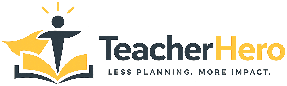 TeacherHero logo — a caped hero rising from an open book above the wordmark and tagline 'Less planning. More impact.'